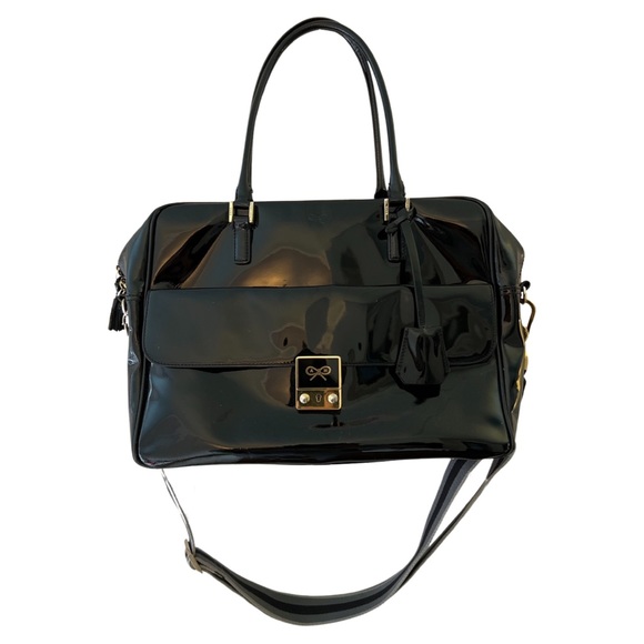 ANYA HINDMARCH BLACK PATENT LEATHER CARKER SATCHEL WITH DETACHABLE X-BODY STRAP - Picture 3 of 9